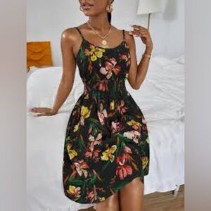 Floral BabyDoll Midi‎ Dress Black Sleeveless Smocked Waist Summer Feminine